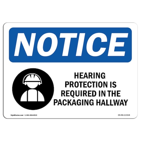 OSHA Notice Sign, Hearing Protection Is Required With Symbol, 24in X 18in Aluminum